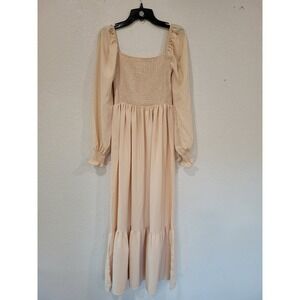 SHEIN Cream Smocked Square Neck Long Sleeve Maxi Dress Tiered Hem #11